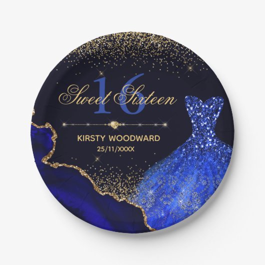 ブルーウォーターカラードレス&グリッターアゲートスイート16 ペーパープレート (正面)