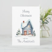 ブルーウォーターカラーハウスクリスマスカード 招待状 (スタンド正面)