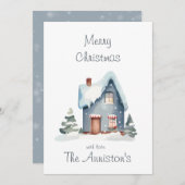 ブルーウォーターカラーハウスクリスマスカード 招待状 (正面/裏面)