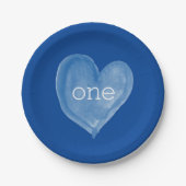ブルーウォーターカラーハートワン誕生日 ペーパープレート (正面)