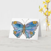 ブルーウォーターカラーバタフライハッピーバースデー カード (黄色い花)