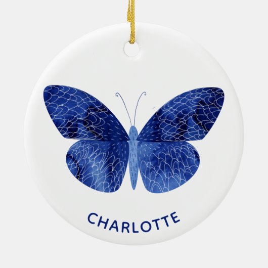 ブルーウォーターカラーバタフライパーソナライズされた セラミックオーナメント (裏面)