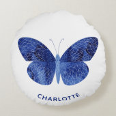 ブルーウォーターカラーバタフライパーソナライズされた ラウンドクッション (裏面)