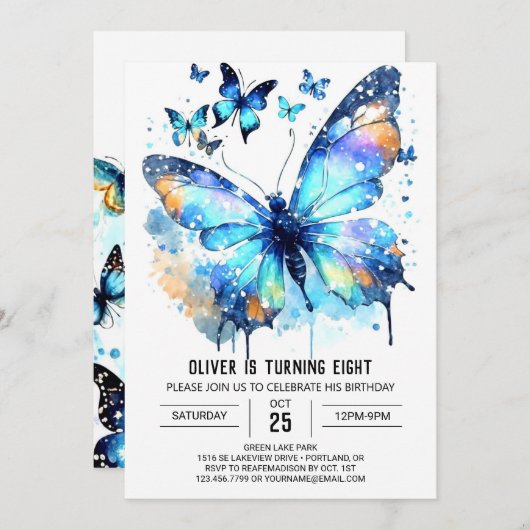 ブルーウォーターカラーバタフライボーイ誕生日 招待状 (正面/裏面)