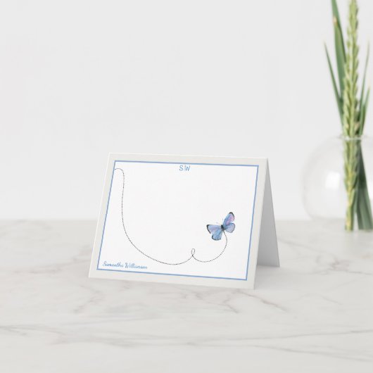 ブルーウォーターカラーバタフライ飛行モノグラム折りたたみ サンキューカード (正面)