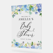 ブルーウォーターカラーバラとアジサイ赤ちゃんシャワー アクリルサイン (傾斜)