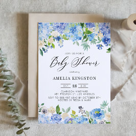 ブルーウォーターカラーバラとアジサイ赤ちゃんシャワー 招待状