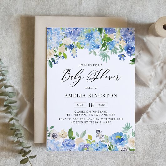 ブルーウォーターカラーバラとアジサイ赤ちゃんシャワー 招待状