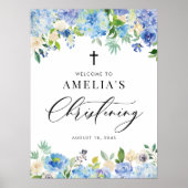 ブルーウォーターカラーバラとアジサイ《キリスト教》洗礼式や命名式 ポスター (正面)