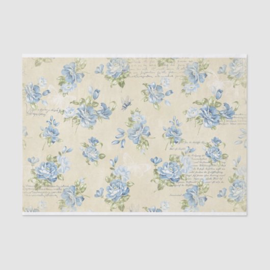 ブルーウォーターカラーバラと文字コラージュ 薄葉紙 (正面)