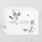 ブルーウォーターカラーバラフローラメイド・オブ・オーナー(花嫁付き添い人) インビテーションポストカード (正面/裏面)