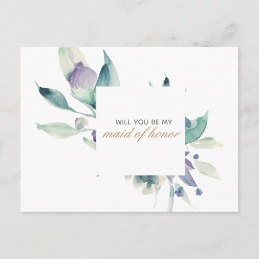 ブルーウォーターカラーバラフローラメイド・オブ・オーナー(花嫁付き添い人) インビテーションポストカード (正面)