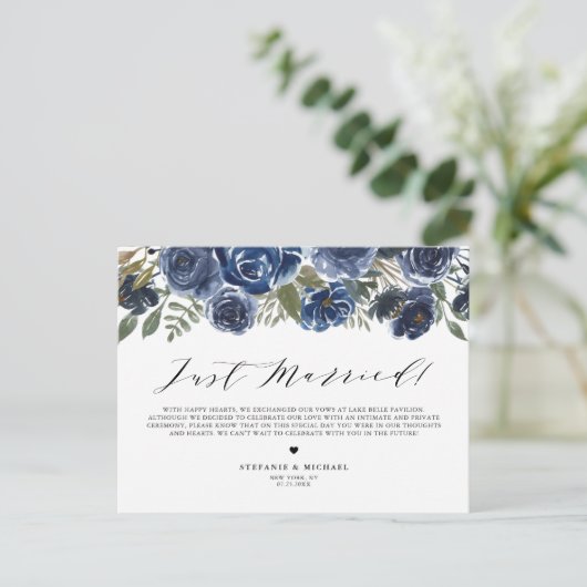 ブルーウォーターカラーバラフローラ結婚たった今結婚しました 案内ポストカード (スタンド正面)