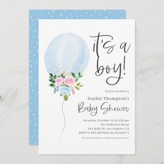 ブルーウォーターカラーバルーン男の子の赤ちゃんシャワー 招待状 (正面/裏面)