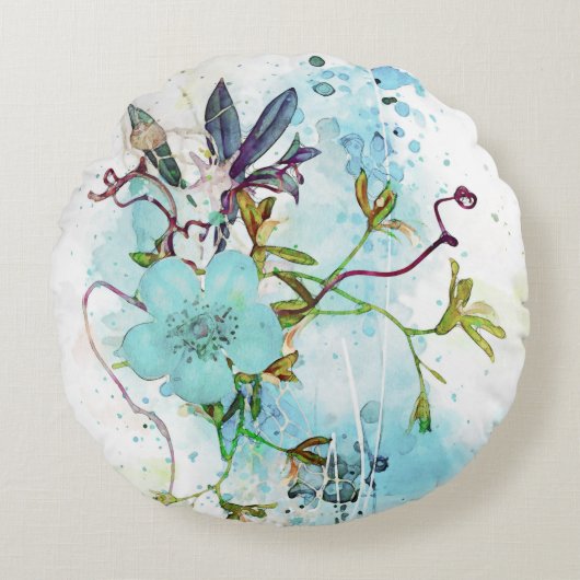 ブルーウォーターカラーパステルフローラ ラウンドクッション (正面)