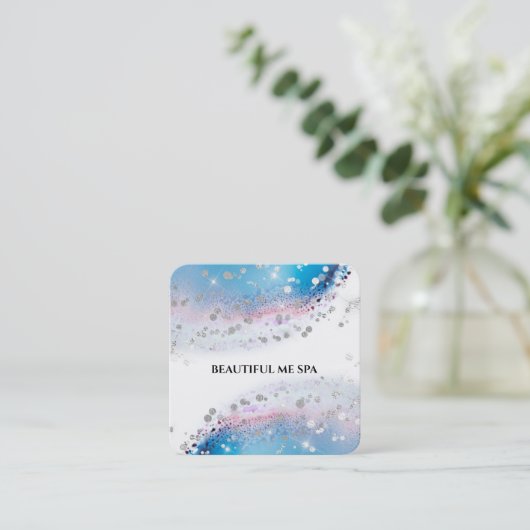 *~*ブルーウォーターカラーパステル抽象芸術シルバーグリッター スクエア名刺 (スタンド正面)