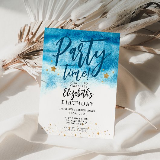 ブルーウォーターカラーパーティー時間誕生日 招待状