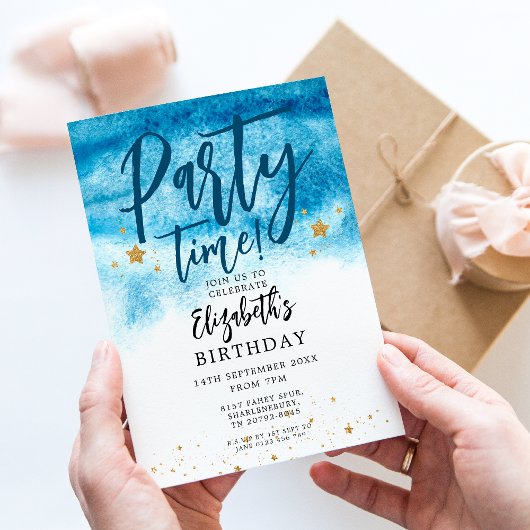 ブルーウォーターカラーパーティー時間誕生日 招待状