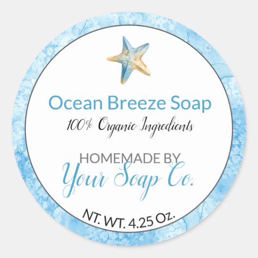 ブルーウォーターカラーヒトデビーチ手作り石鹸 ラウンドシール (正面)