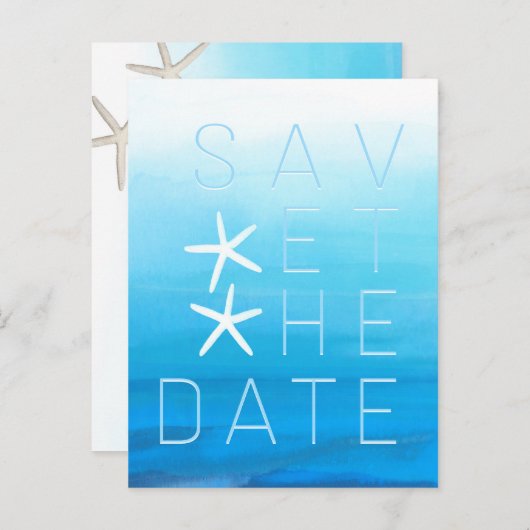 ブルーウォーターカラービーチ結婚式日付の保存 案内ポストカード (正面/裏面)