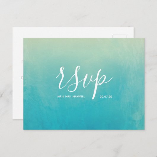 ブルーウォーターカラービーチ結婚式RSVP インビテーションポストカード (正面/裏面)