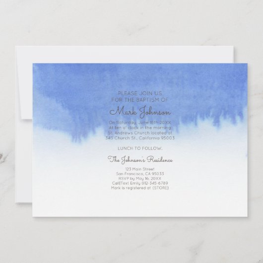 ブルーウォーターカラーフォトバプティスマパーティの招待状 セーブザデート (裏面)