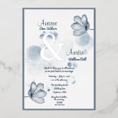 ブルーウォーターカラーフラワーとシルバーアンパサンド 箔招待状 (正面)