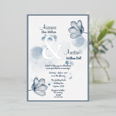 ブルーウォーターカラーフラワーとシルバーアンパサンド 箔招待状 (立ち正面)