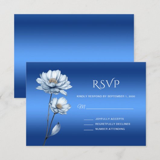 ブルーウォーターカラーフラワーのRSVPカード 出欠カード (正面/裏面)