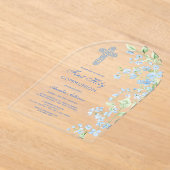 ブルーウォーターカラーフラワーアーチファースト聖餐式 アクリル招待状 (レイダウン)