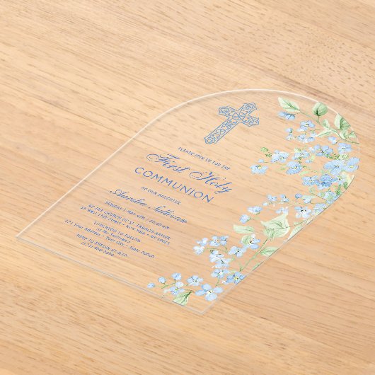 ブルーウォーターカラーフラワーアーチファースト聖餐式 アクリル招待状 (レイダウン)