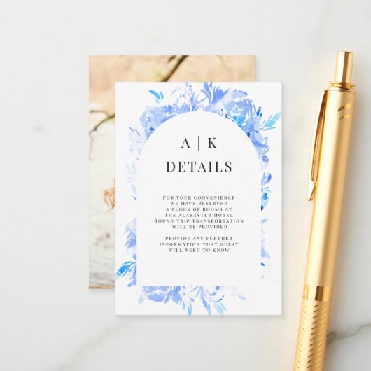 ブルーウォーターカラーフラワーアーチ詳細 エンクロージャーカード (正面/裏面インサイチュ)