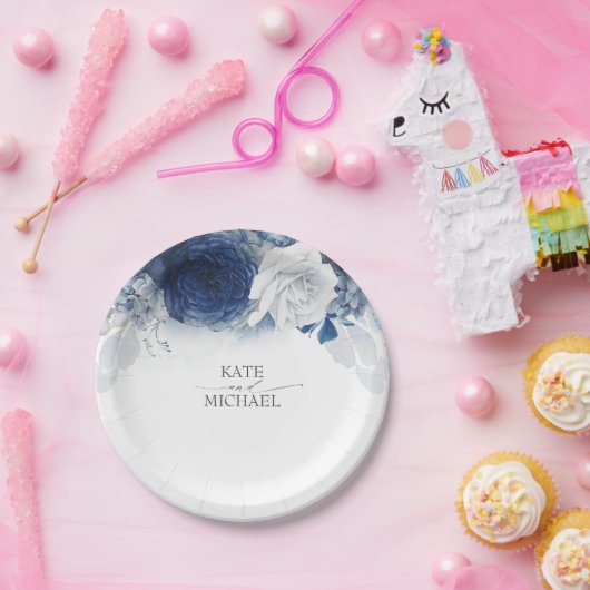 ブルーウォーターカラーフラワーエレガントな結婚式 ペーパープレート (パーティー)