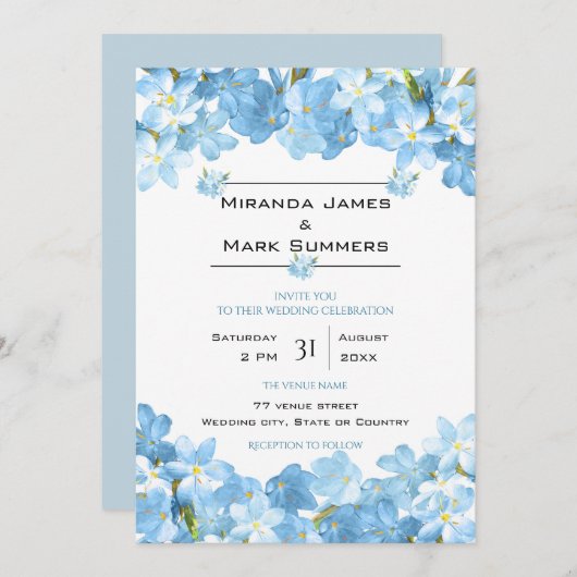 ブルーウォーターカラーフラワーエレガントな結婚式 招待状 (正面/裏面)
