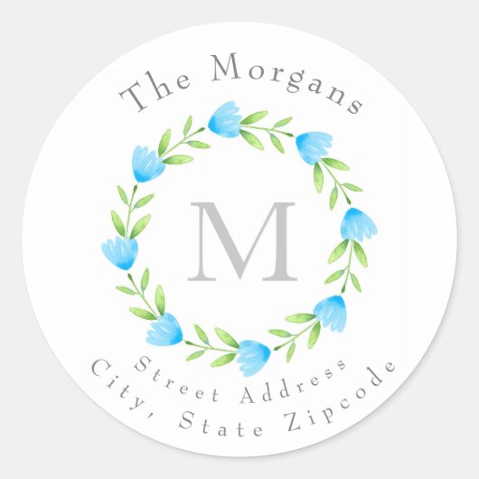 ブルーウォーターカラーフラワーステムリースラベル ラウンドシール (正面)