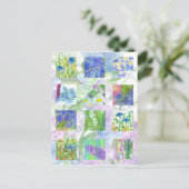 ブルーウォーターカラーフラワーズコラージアート薄紫デイジー ポストカード (スタンド正面)