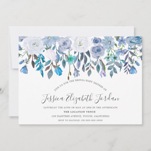 ブルーウォーターカラーフラワーズベビーまたはブライダルシャワー 招待状 (正面)