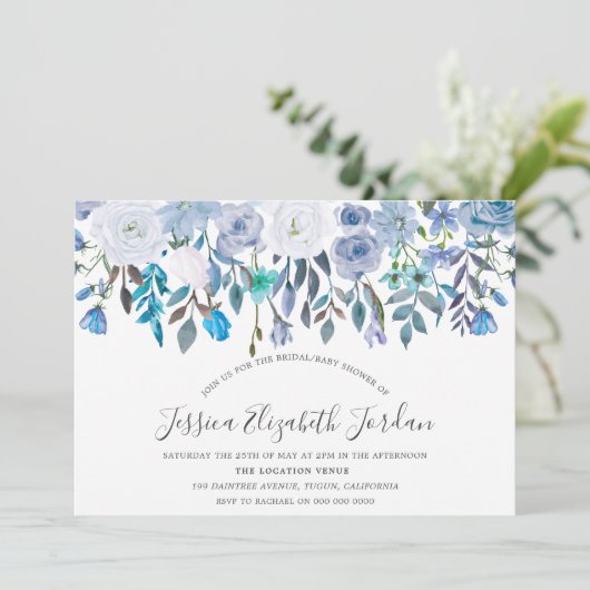 ブルーウォーターカラーフラワーズベビーまたはブライダルシャワー 招待状 (スタンド正面)