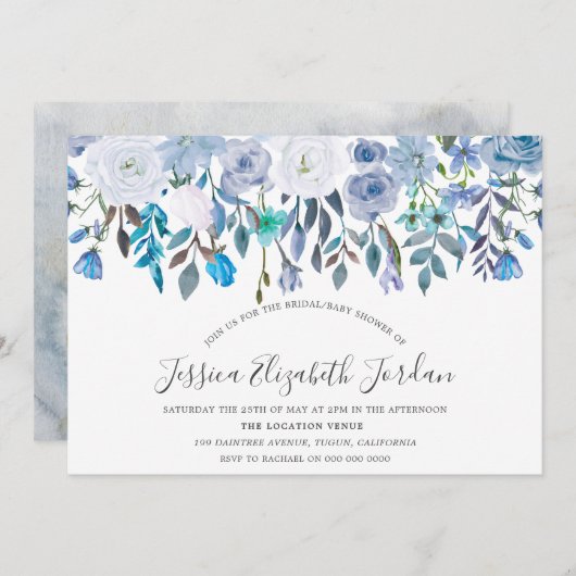 ブルーウォーターカラーフラワーズベビーまたはブライダルシャワー 招待状 (正面/裏面)