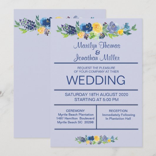 ブルーウォーターカラーフラワーズ結婚式招待状 招待状 (正面/裏面)