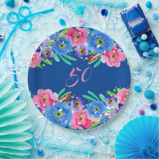 ブルーウォーターカラーフラワーハッピー50誕生日 ペーパープレート (パーティー)
