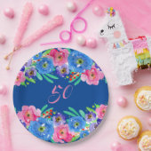 ブルーウォーターカラーフラワーハッピー50誕生日 ペーパープレート (パーティー)