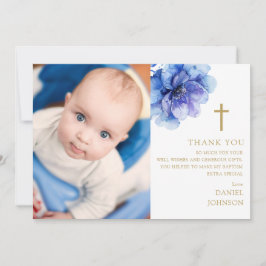 ブルーウォーターカラーフラワーフォトバプテスマ《キリスト教》洗礼式や命名式 サンキューカード