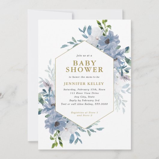 ブルーウォーターカラーフラワーブーケ赤ちゃんシャワー 招待状 (正面)