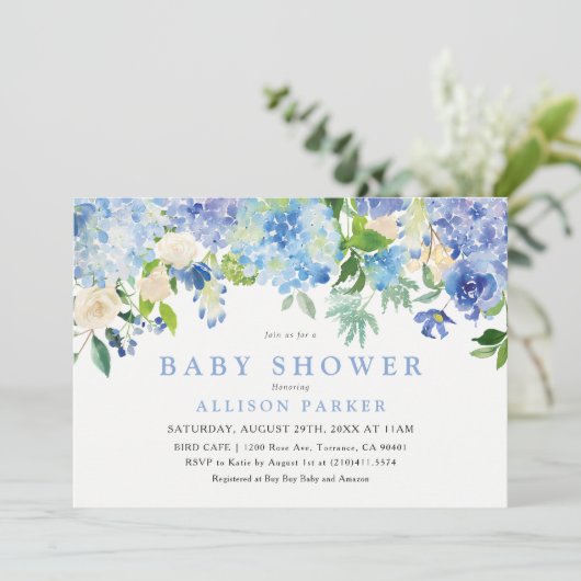 ブルーウォーターカラーフラワーベビーシャワー招待状 招待状 (スタンド正面)