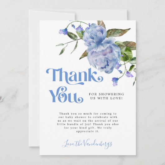 ブルーウォーターカラーフラワーボーイ赤ちゃんシャワー サンキューカード (正面)