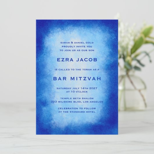 ブルーウォーターカラーフレームカスタムバーバルミツワー 招待状 (スタンド正面)