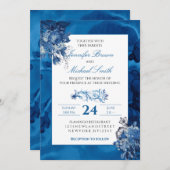ブルーウォーターカラーフローラエレガントな結婚式 招待状 (正面/裏面)