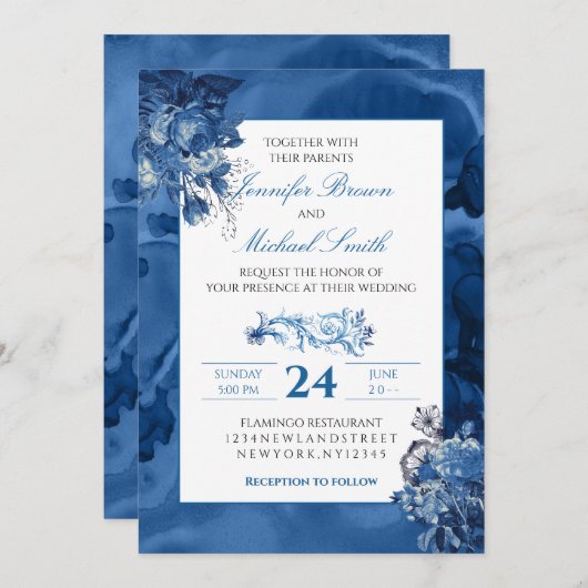 ブルーウォーターカラーフローラエレガントな結婚式 招待状 (正面/裏面)