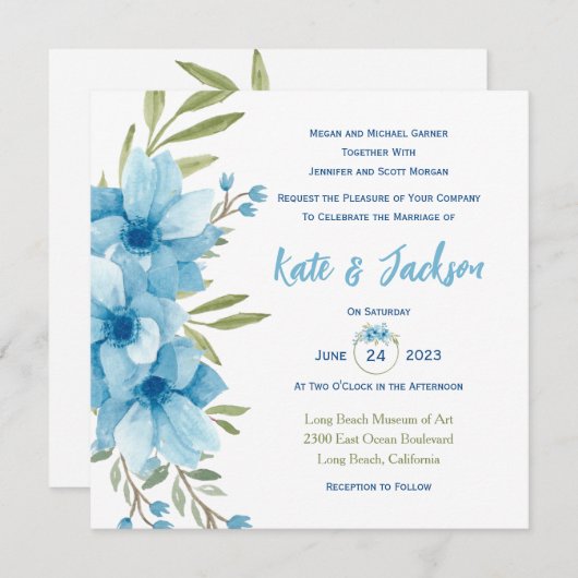ブルーウォーターカラーフローラスクエア招待状 招待状 (正面/裏面)